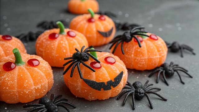 Halloween candy in the shape of pumpkins and spiders.