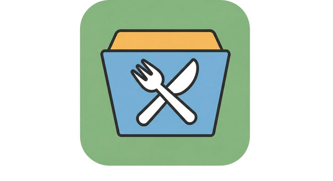 Food menu app icon with fork and knife on a blue folder, perfect for restaurant guides, recipe collections, and meal planning applications isolated on white background