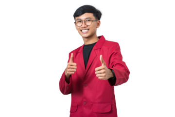 Smiling college student giving thumbs up like gesture isolated on white background