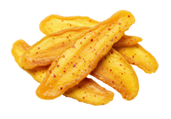 Isolated spicy dried mango slices snack food, pile of candied fruit, no shell, high angle