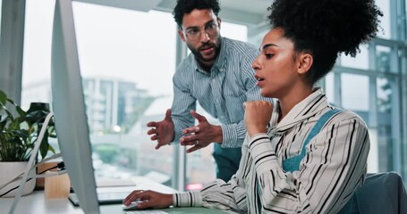 Meeting, office and business people on computer for project, SEO coaching and website review. Manager, company and man with woman on pc in discussion for web analytics, online report and teamwork - Powered by Adobe