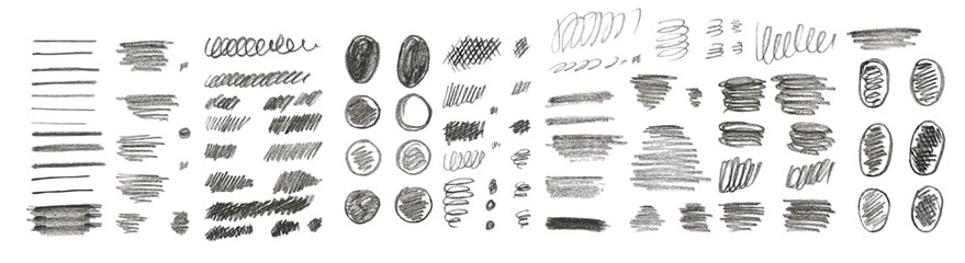 set charcoal brush strokes wavy lines shapes kids hand 