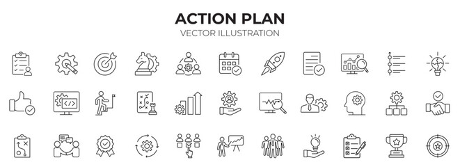 Action plan editable stroke outline icons set. Goal, collaboration, strategy, tasks, action, planning and analysis