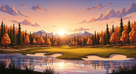Obraz premium Stylized Golf Course with Sunset Glow, Reflective Water, and Snow-Capped Mountains 