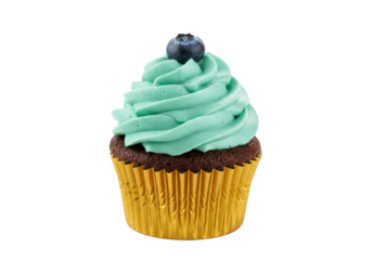 Isolated chocolate cupcake with teal frosting and blueberry topping for a delicious treat
