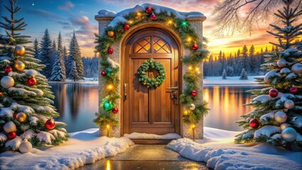 Winter Wonderland Entrance Festive Doorway Adorned with Garland, Ornaments, and Evergreen Trees Flanked by a Tranquil, Snow-Covered Lake at Sunset