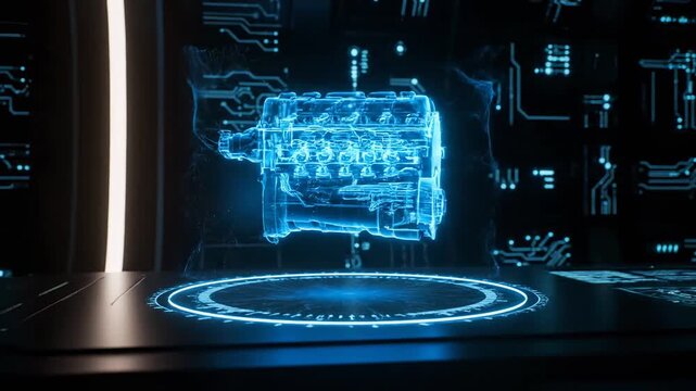 Futuristic Holographic Engine Schematic - A glowing blue digital engine block schematic hovers above a holographic projection on a dark, tech-themed background.