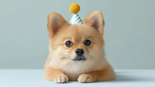 Cute diy pet party setup with fluffy puppy wearing cone hat lying pastel table relaxed joyful scene and cute small dog party hat diy pet party setup