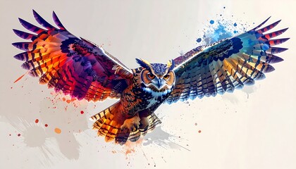 A vibrantly colorful owl with wings spread wide, rendered with watercolor paint splash effects against a neutral background