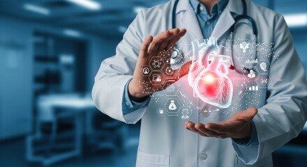 Doctor analyzing a futuristic holographic human heart