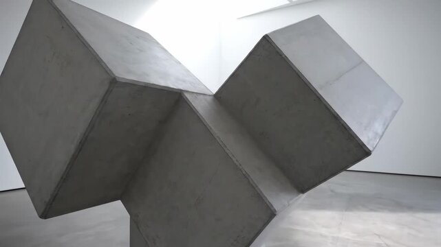 Geometric Concrete Sculpture in Art Gallery - A modern art installation featuring a large geometric concrete sculpture is presented in a gallery space.