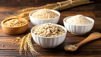 Several bowls showcasing various grains, with wheat stalks and a wooden spoon filled with seeds, arranged on a wooden surface