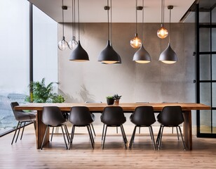 modern office interior with a wooden table chairs and pendant lights
