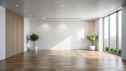 Bright, Modern Empty Room with Wooden Wall and Floor, Large Windows, and Potted Plants