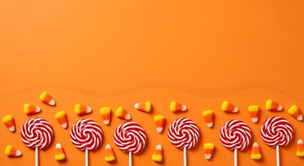 Border of candy corn and lollipops on orange background with copy space, minimal Halloween design.