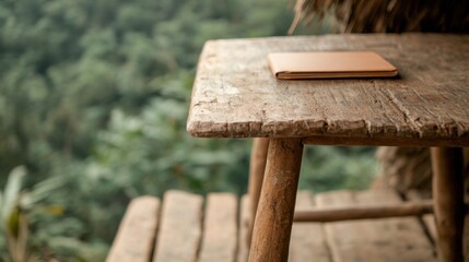A rustic wooden table sits overlooking a lush green landscape, with a leather notebook resting on it, creating a serene and natural atmosphere.