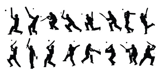 cricket player silhouettes vector illustration set