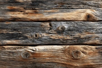 Close-up, top-down photorealistic view of rustic, weathered wooden planks. The image shows detailed grain and texture in neutral brown and gray tones.