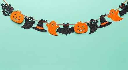 Orange and black garland on pastel teal background.