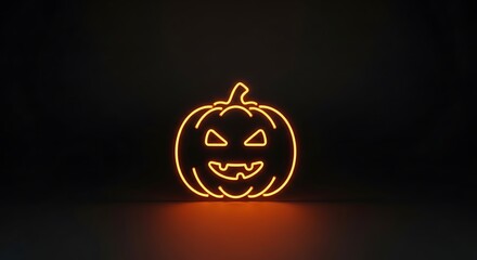 Glowing orange neon pumpkin sign on dark background.