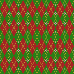 Abstract diamond pattern with yellow bold line and pink flower for Christmas. Vintage Christmas pattern seamless. Geometric, classic, red, green, merry, winter theme for wrapping paper, decor, texture
