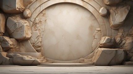 Elegant Stone Circular Stage Surrounded by Natural Rock Formations in Neutral Tones for Artistic Displays or Events