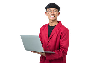 Smiling young asian college student using laptop do homework isolated on white background