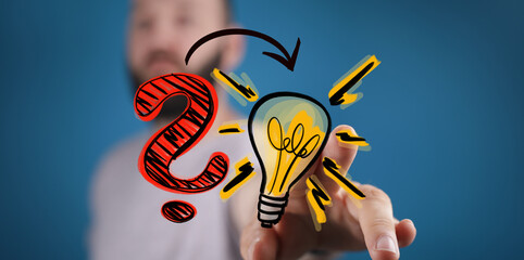 A hand interacts with a digital question mark evolving into a glowing lightbulb, symbolizing...