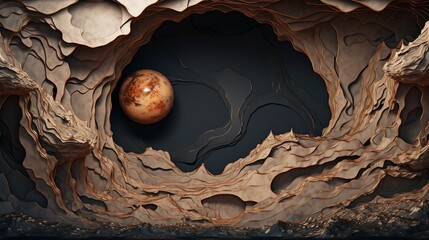 Abstract Planet in Deep Cave with Layered Rock Formations and Dark Atmosphere