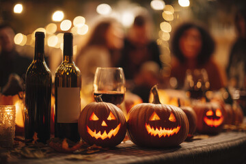 Festive halloween dinner party with jack o lanterns and friends in autumn evening