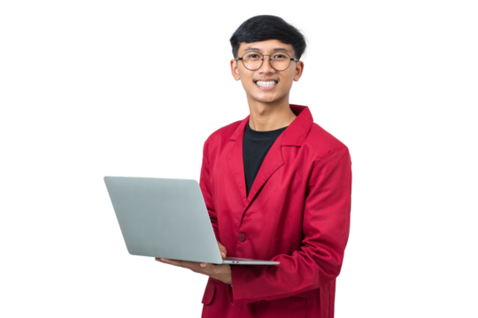 Smiling young asian college student using laptop do homework isolated on white background