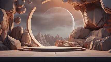 Futuristic Natural Landscape Scene with Large Circular Portal and Mountain Backdrop