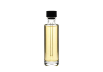 Isolated glass bottle with yellow liquid on neutral backdrop, essential oil or skin serum