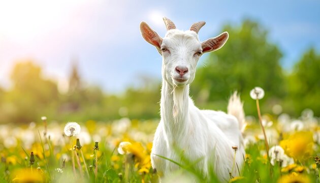 A white goat stands confidently in a field of dandelions, bathed in sunlight, a natural scene
