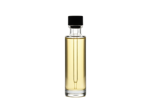 Isolated glass bottle with yellow liquid on neutral backdrop, essential oil or skin serum