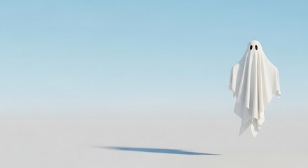 White ghost hanging blue-to-grey gradient background, minimal Halloween concept.