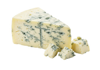 Isolated wedge of blue cheese with smaller pieces on table, food photography style
