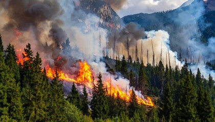 Fototapeta premium A wildfire rages on a mountainside, consuming trees and releasing smoke. The scene is chaotic