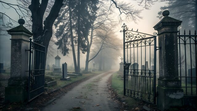 Spooky cemetery entrance with fog and open iron gates