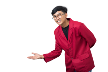 Smiling young college student gesturing welcome Greetings isolated on white background