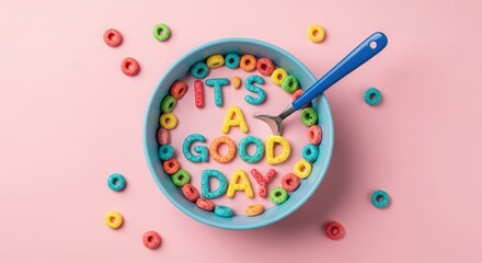 Its A Good Day message spelled with colorful cereal in pink milk