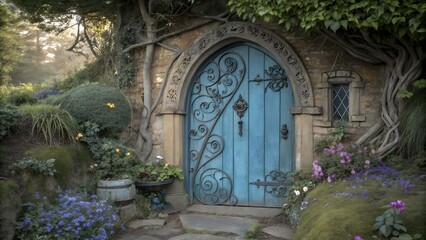 Whimsigothic style blue front door in garden. fantasy