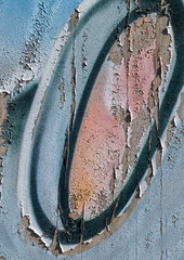 cracked and peeling paint on a wall surface. The weathered texture shows layers of faded blue and white paint flaking off, revealing an aged and distressed background. Perfect as a grunge overlay.