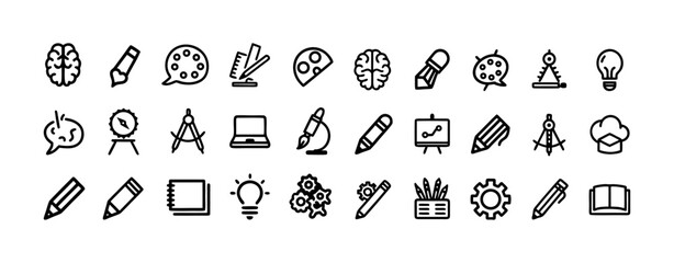 Collection of hand drawn icons representing creativity education and learning