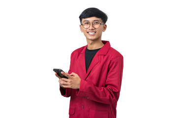 Smiling young college student using mobile phone texting message isolated on white background