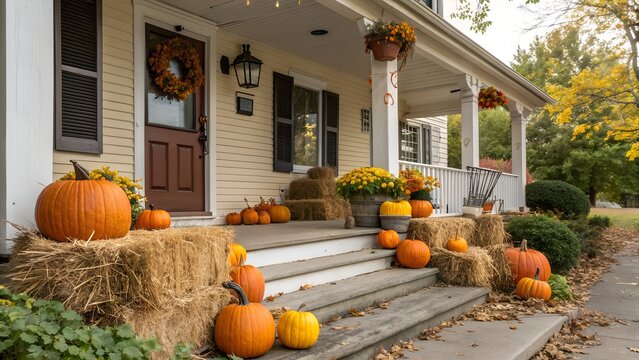 An autumn front porch decorated with pumpkins and hay.