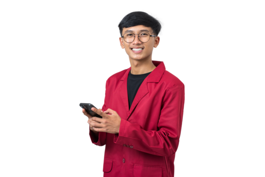 Smiling young college student using mobile phone texting message isolated on white background