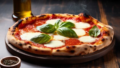 freshly baked neapolitan pizza with bubbling mozzarella tomato sauce and basil on the table