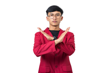 young college student making a stop gesture with hand isolated on white background