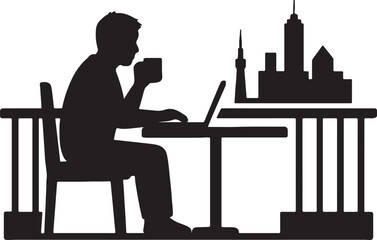 Silhouette of a person working on a laptop and drinking coffee at a table with a city skyline background
